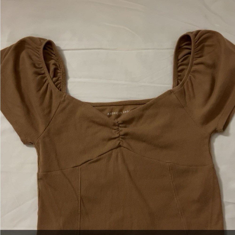 American Eagle Outfitters Brown Ruched Puff Sleeve Blouse